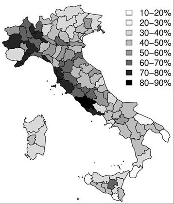 Percentuale di individuei i cui cognomi non sono originari della provincia in cui abitano